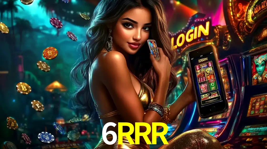 Mulher em um cenário de cassino temático de aventura, mostrando o app de caça-níqueis da 6RRR no celular. Fichas de apostas flutuam ao redor.
