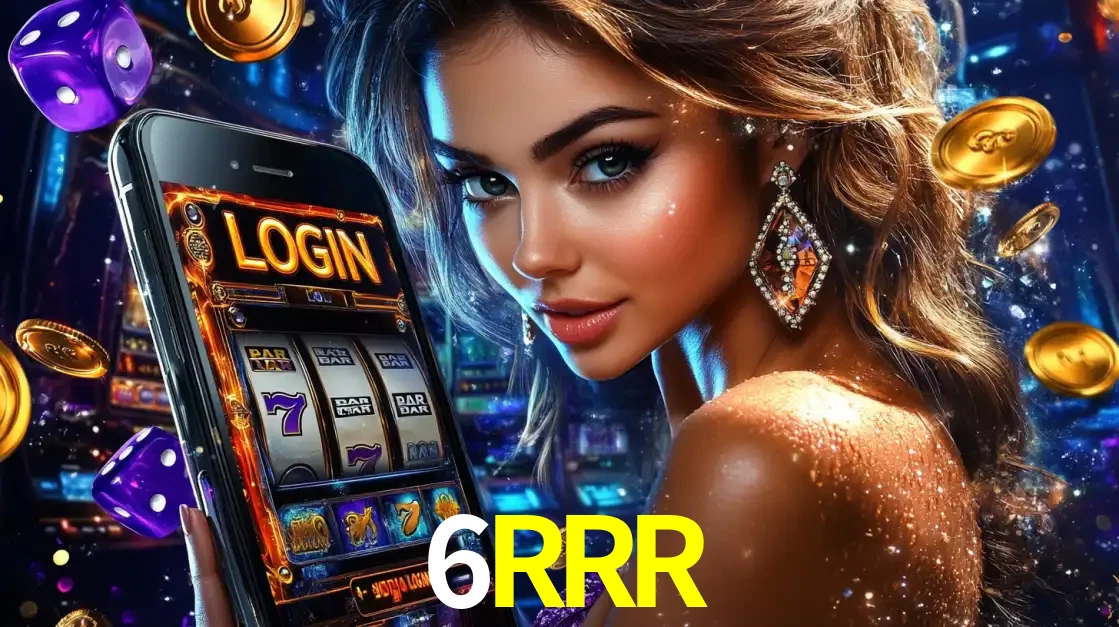 Mulher glamorosa segurando um smartphone com a tela de login para os jogos de caça-níqueis do cassino online 6RRR, com moedas de ouro e dados ao redor.