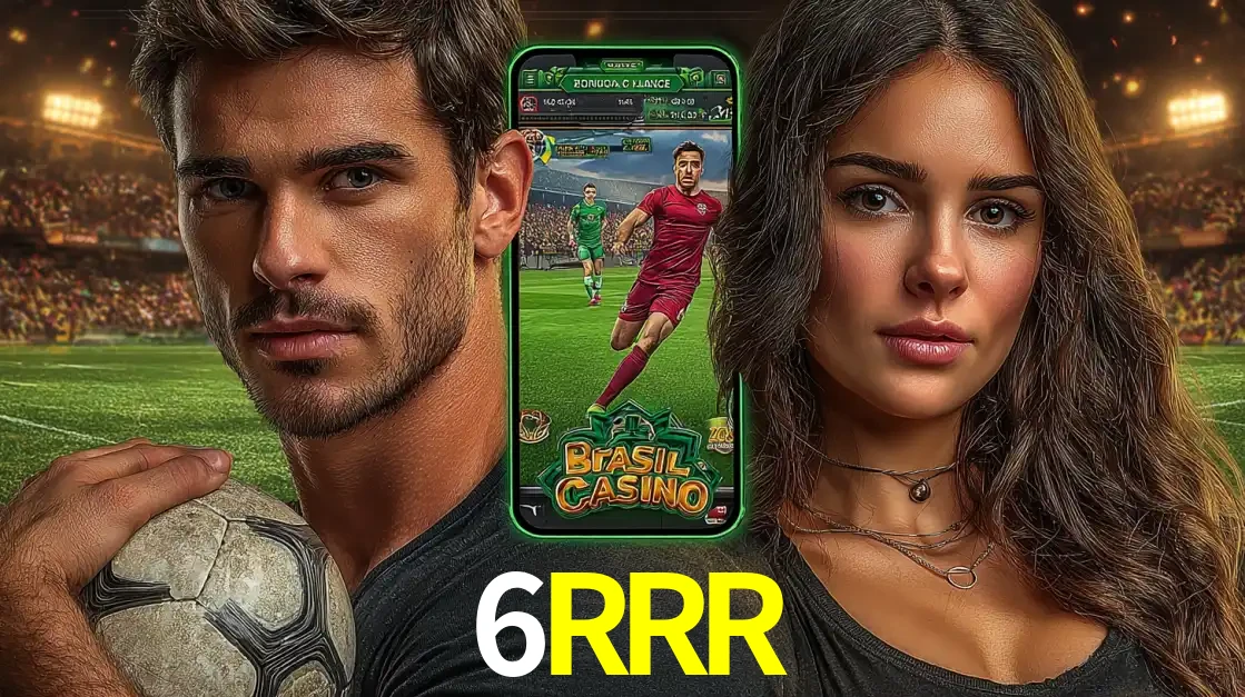 Homem segurando uma bola de futebol e uma mulher ao lado de um smartphone exibindo o jogo de apostas esportivas da 6RRR. Faça seu palpite no cassino online.